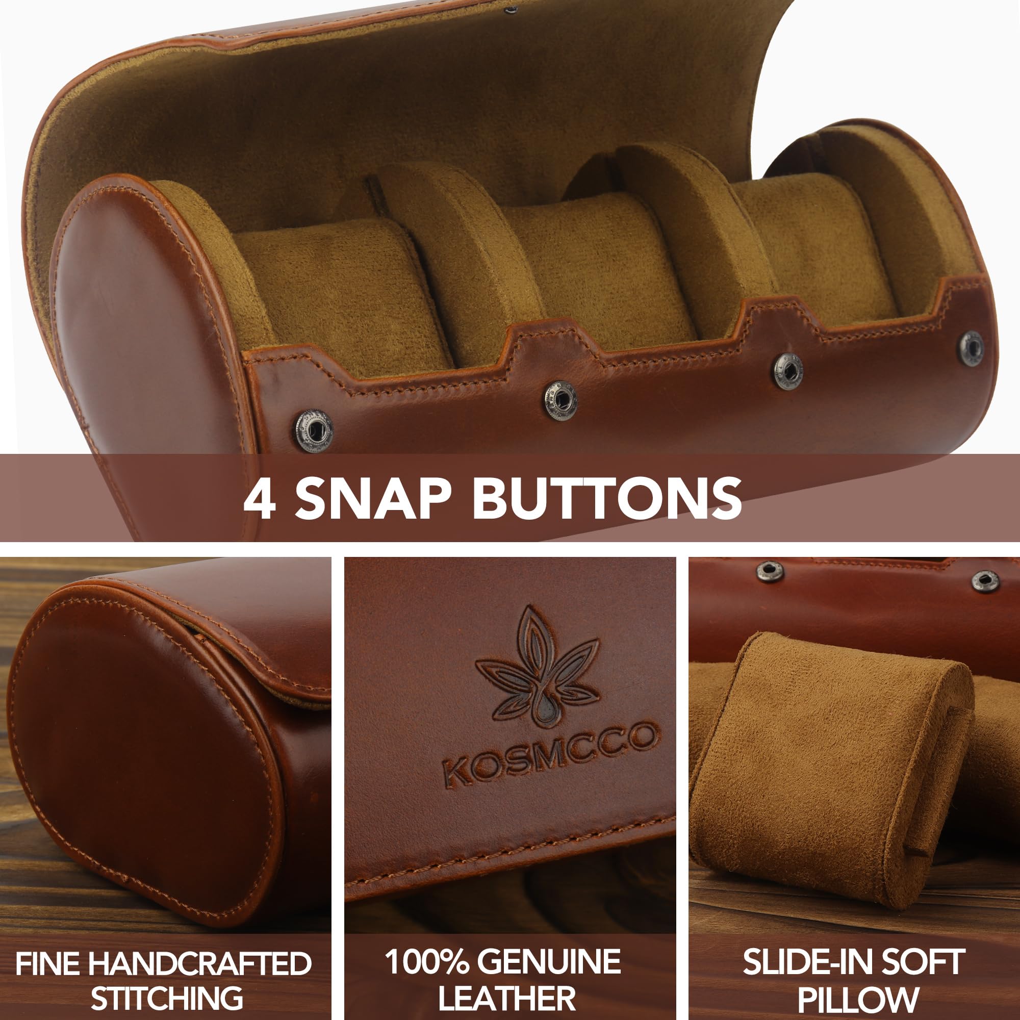 KOSMCCO Watch Roll Travel Case - Leather Watch Roll 3 Watch Travel Case, Storage Organizer and Display Case (Whiskey Brown)