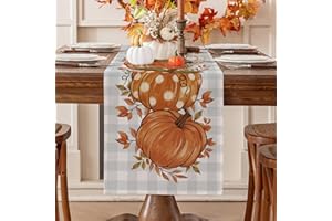 Romanstile Pumpkin Leaves Fall Table Runner, Buffalo Plaid Autumn Thanksgiving Harvest Farmhouse Style Table Decoration for Dining, Party, Holiday - 13x72 Inch, Grey Blue