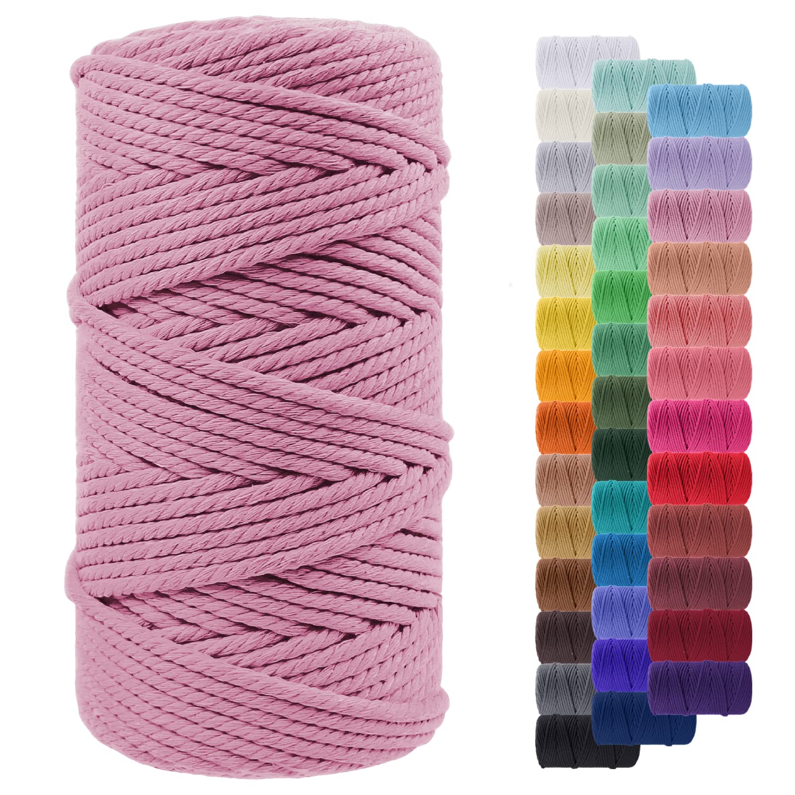 LEREATI Macrame Cord 5mm x 100m, Thick Macrame Rope Yarn Natural Cotton Cord, 4 Strand Twisted Colored String for Wall Hanging Plant Hanger DIY Crafts Boho Decor (Pink)