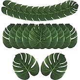 AerWo 48 Pcs Palm Leaves, Artificial Tropical Monstera Fake Leaves, Fake Palm Leaf for Safari Jungle Hawaiian Dinosaur Luau Party Table Decor Wedding Birthday Theme Greenery Party Table Decorations