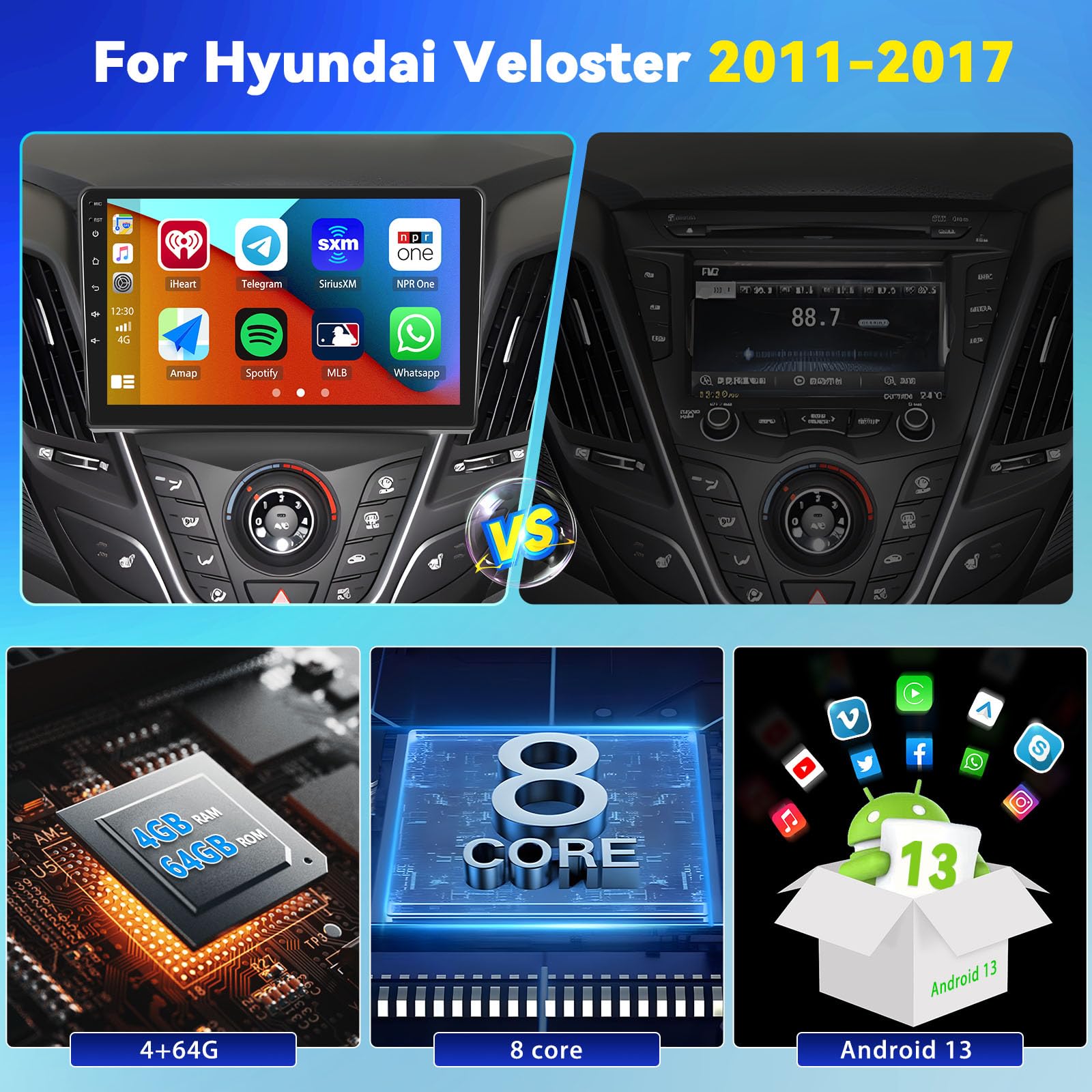 CAMECHO 4G+64G 8 Core Android 13 Car Stereo for Hyundai Veloster 2011-2017, 9