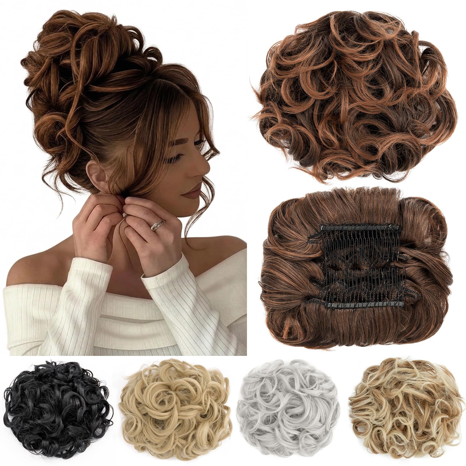 Short Messy Curly Dish Hair Bun Extension Easy Stretch hair Combs Clip in Ponytail Extension Scrunchie Chignon Tray Ponytail Hairpieces Dark Brown mix Light Auburn — image 1