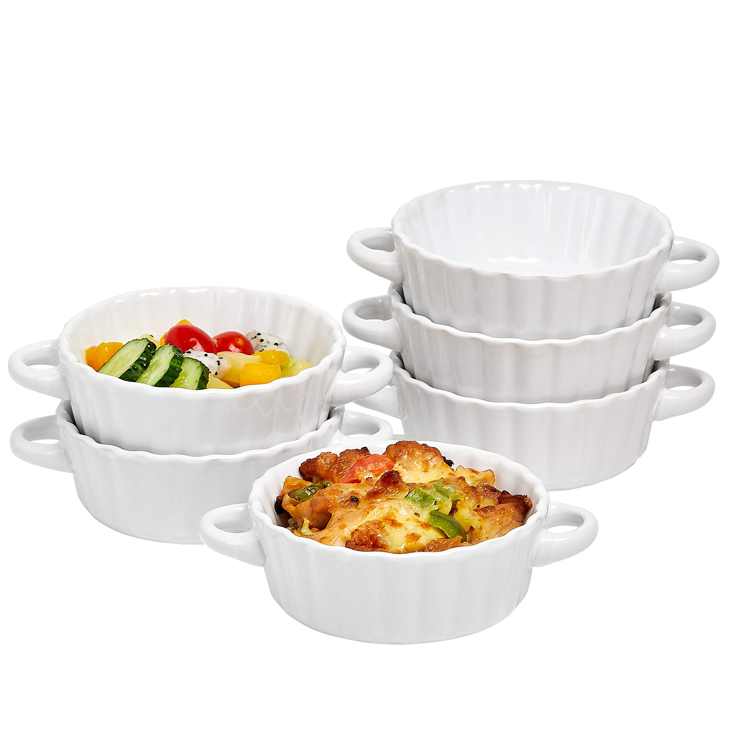Bruntmor Ceramic Soup Bowls with Double Handles, 10 Oz Stacked Bowls for French Onion Soup, Cereal, Pot Pies, Stew, Chill, Pasta, Set of 6,Black with White Interior