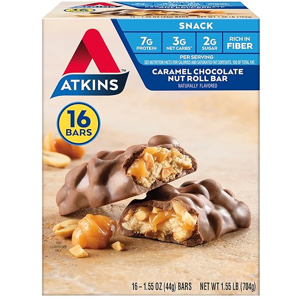 ATKINS CARAMEL CHOCOLATE NUT ROLL SNACK BAR, PROTEIN SNACK , 7G PROTEIN, 2G SUGAR, RICH IN FIBER, 16 COUNT