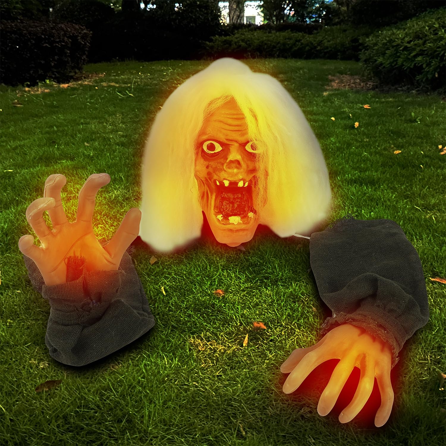 Photo 1 of yosager Halloween Lighted Skeleton Groundbreaker Decoration, Scary Climbing Zombie Face & Arms Yard Stake with Light for Outdoor Halloween Graveyard Garden, Lawn, Patio, Haunted House Props