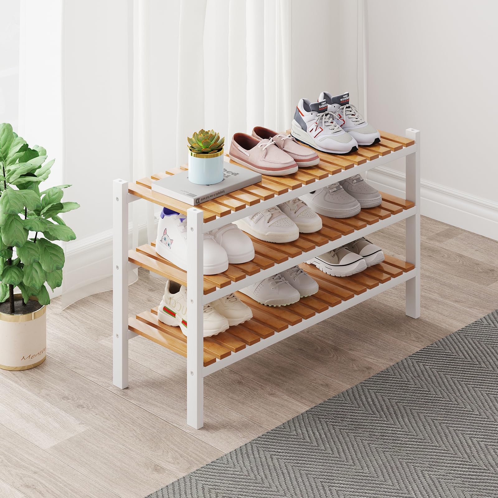 Photo 1 of Bamboo Shoe Rack Organizer for Closet and Entryway-Space-Saving Narrow Shoe Stand-Versatile Shoe Holder for Door or Closet Shelf,Garage Bedroom can Freely Stack DIY Small Shoe Racks 3 Tier Mixed color