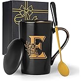 Jmugmt Letter E Personalized Initial Mugs with Flower, Letter E Personalized Coffee Mug, Customized Cool Letters Mugs for Women, Bridal Shower Gifts, Women's Initials Gifts Mug 14 OZ Matte Black