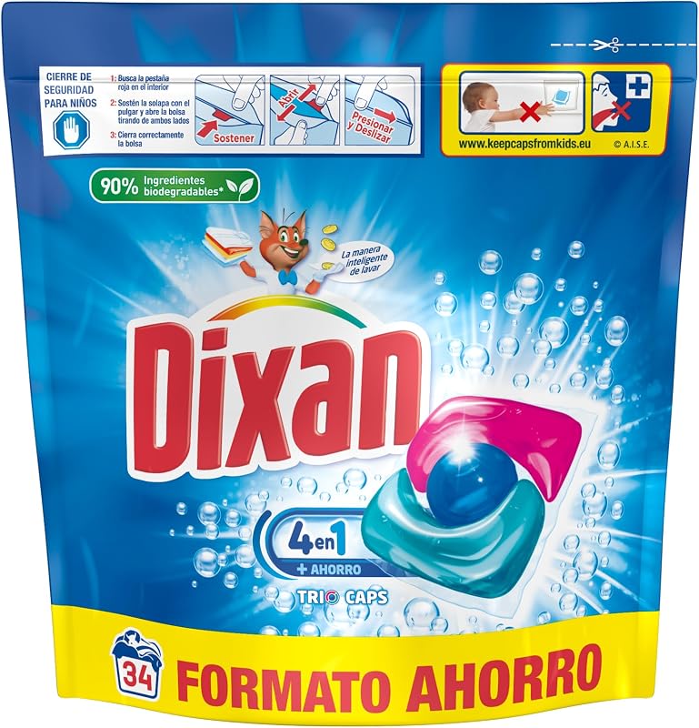 Tampas de trio 4+1 no total, detergente em cápsulas para máquina de lavar (34 lavagens), sabão para roupa branca e transparente, limpeza, brilho e frescura num detergente