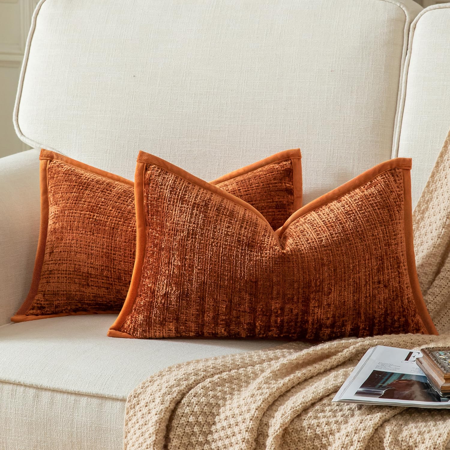Yaertun Pack of 2 Chenille Textured Decorative Throw Pillow Covers Accent Solid Cushion Cover Soft Cozy Pillow Case with Velvet Back for Couch Sofa Bed Living Room 12x20 Inch Burnt Brick