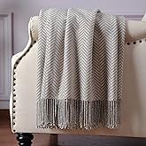CUDDLE DREAMS Silk Throw Blanket with Hand-Knotted Fringe, Natural, Soft & Breathable (Herringbone Gray)