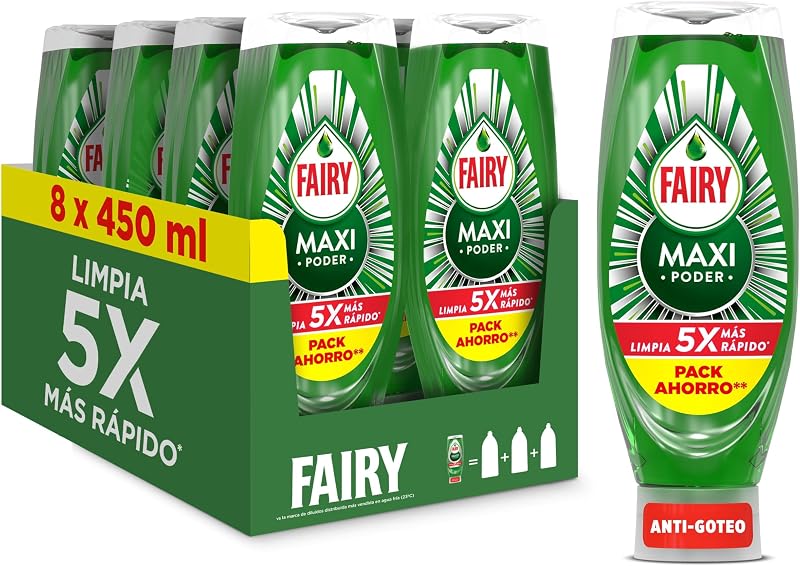 Máquina de lavar louça líquida de mão fairy maxi power, 3,6 l (8 x 450 ml), com poder antigordura, fácil limpeza pratos, panelas e frigideiras mais gordurosos