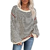 Soesdemo Womens Oversized Sweater Off The Shoulder Crewneck Striped Cute Long Sleeve Knitted Pullover Tunic Sweaters