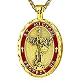 OigvcoTe St Michael Pendant Necklace, 24K Gold Plated with Red Enamel, 19.69 Inch Chain, Religious Protection Medal, Oval Shape