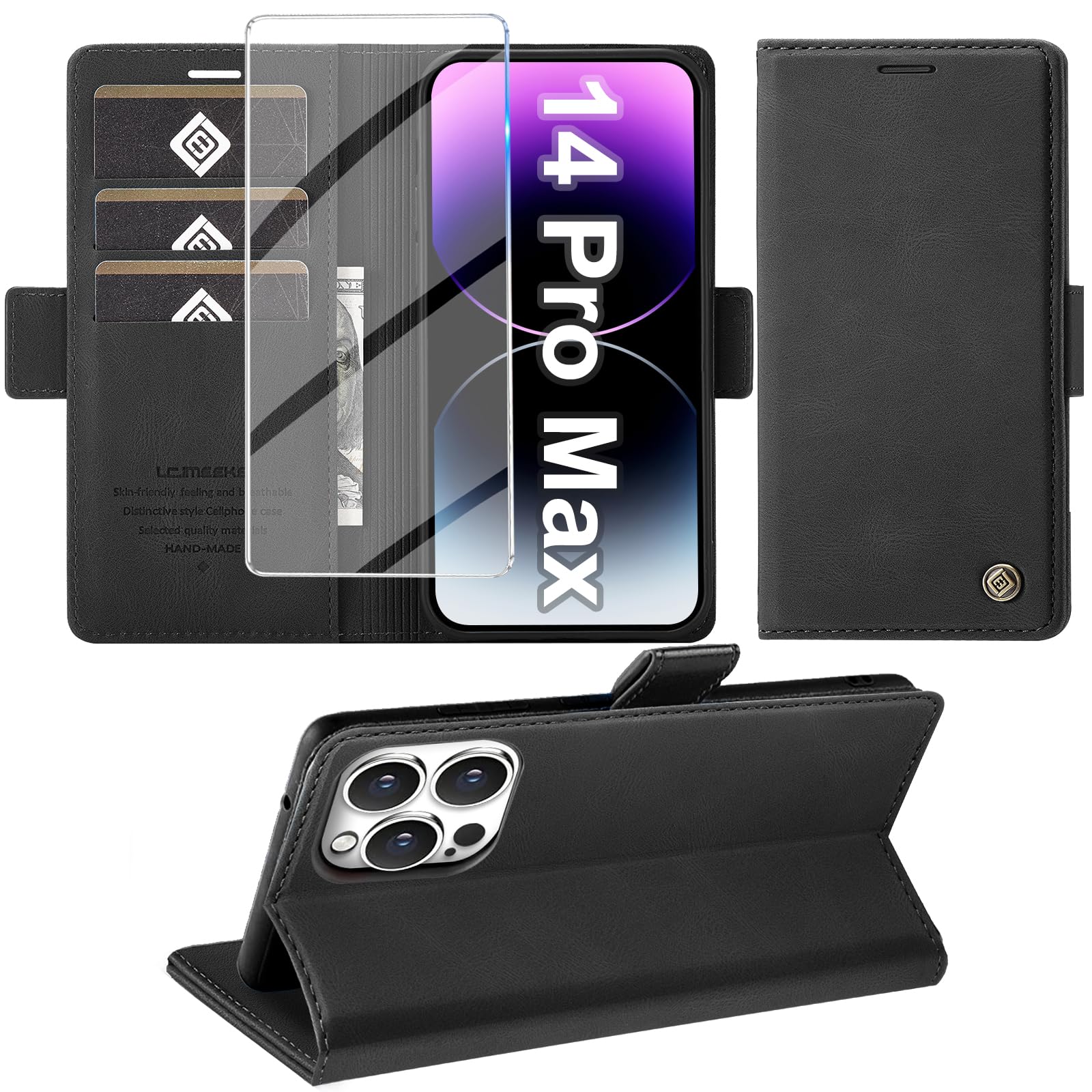 Giyer iPhone 14 Pro Max Case with Screen Protector, Leather Wallet Card Slot Stand Flip Case, Black, Built-in Screen Protector, Card Slot, Stand