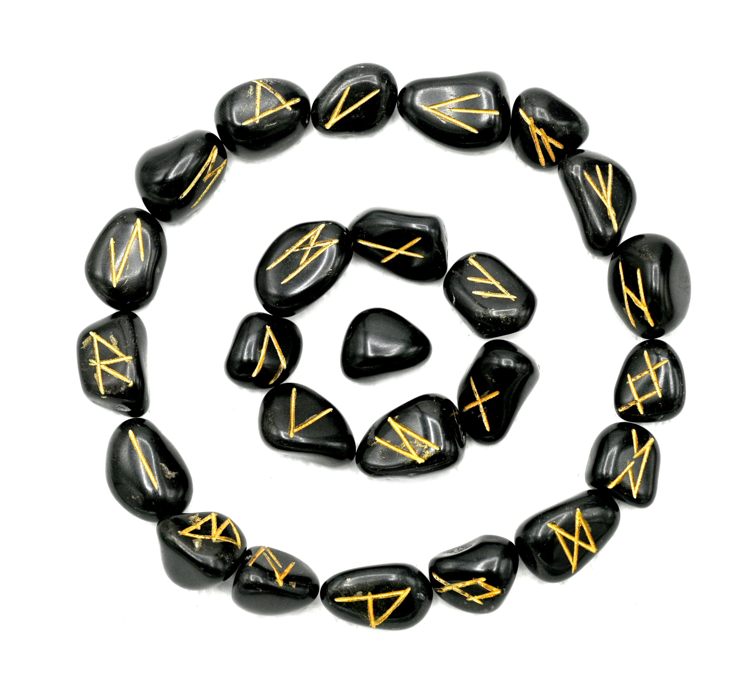 Black Agate Runes Stone Set with Velvet Pouch and Instruction EBook ~ Elder Futhark Runes Engraved Pagan Viking Symbols for Reiki Healing, Crystal Grid & Energy Balancing
