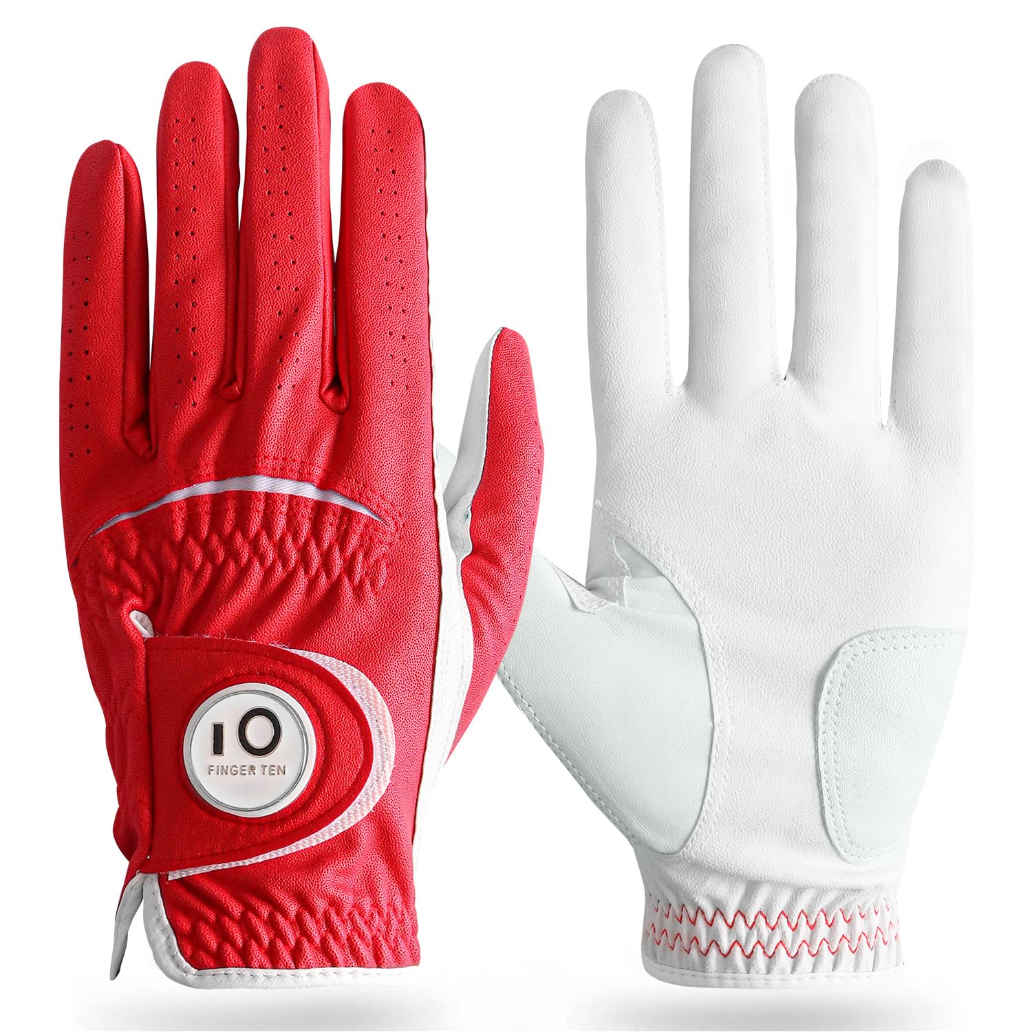 FINGER TEN Golf Gloves Men Right Hand Left Leather with Ball Marker All Weather Value Pack, Mens Golf Glove Wear Resistant Stable-Grip Weathersof for Swing (Red, M/L-Worn on Left Hand)