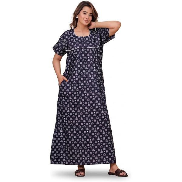 cotton maxi night dress for women Moomaya Women's Cotton Maxi Nightdress | Printed A-Line Sleepwear | 3/4 Sleeve Round Neck Lounge Dress