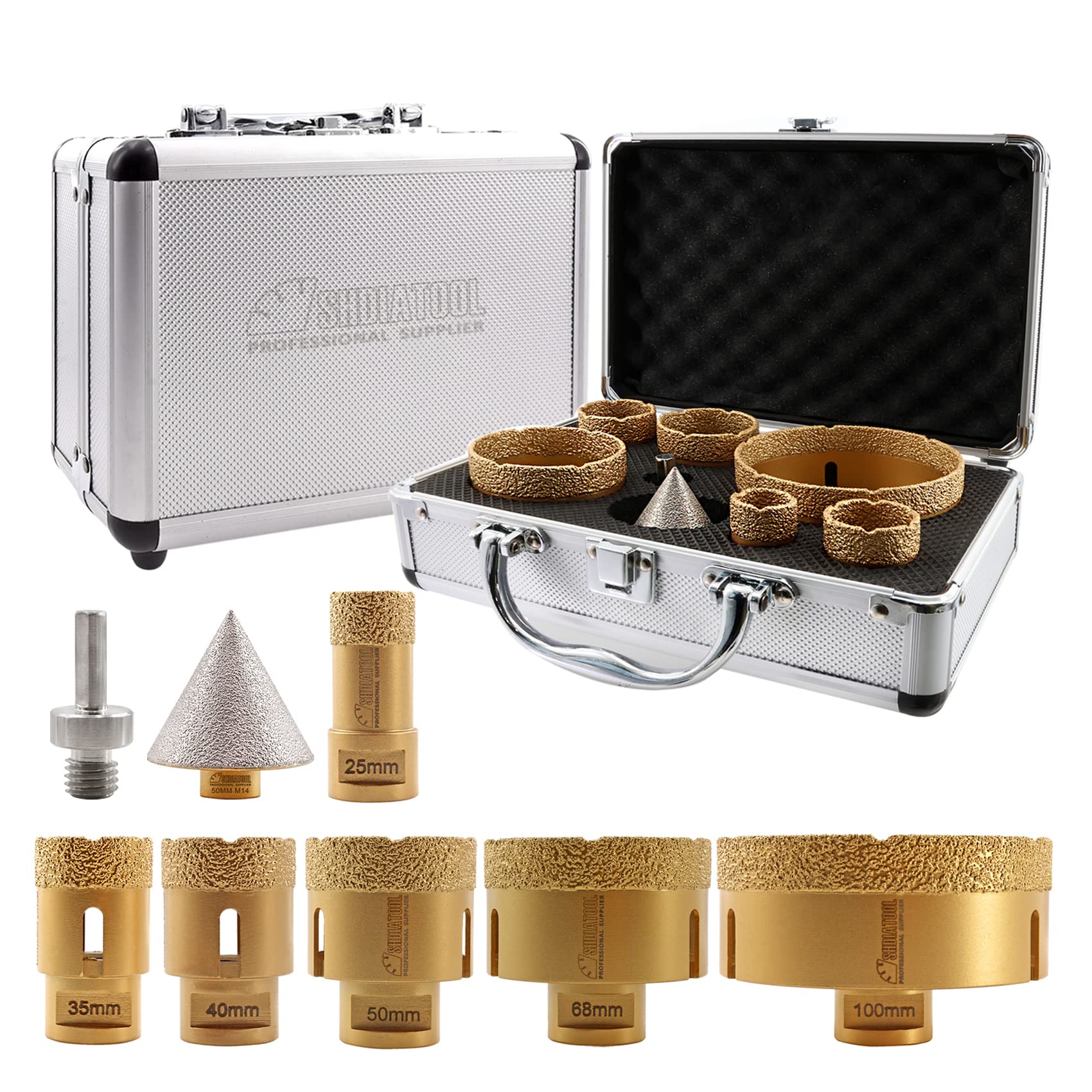 SHDIATOOL Diamond Core Drill Bits M14 Thread 25/35/40/50/68/100/50mm Diamond Chamfer Bits/Triangle Shank Adapter Vacuum Brazed for Porcelain Tile Ceramic Granite Marble — image 1