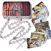 SZQCZB Crystal Rosary Bead Catholic for Women, Our Lady of Guadalupe Medal with Metal Box and 18Pcs Prayer Cards