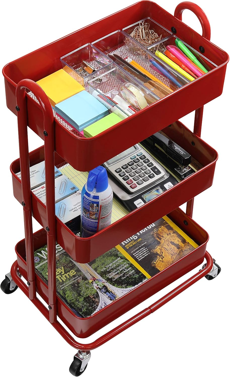 SimpleHouseware Heavy Duty 3-Tier Metal Utility Rolling Cart, White : Office Products