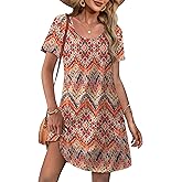 OFEEFAN Summer Dresses for Women 2026 Loose U Neck Short Sleeve Casual Beach Vacation Tshirt Dress Sundresses with Pockets