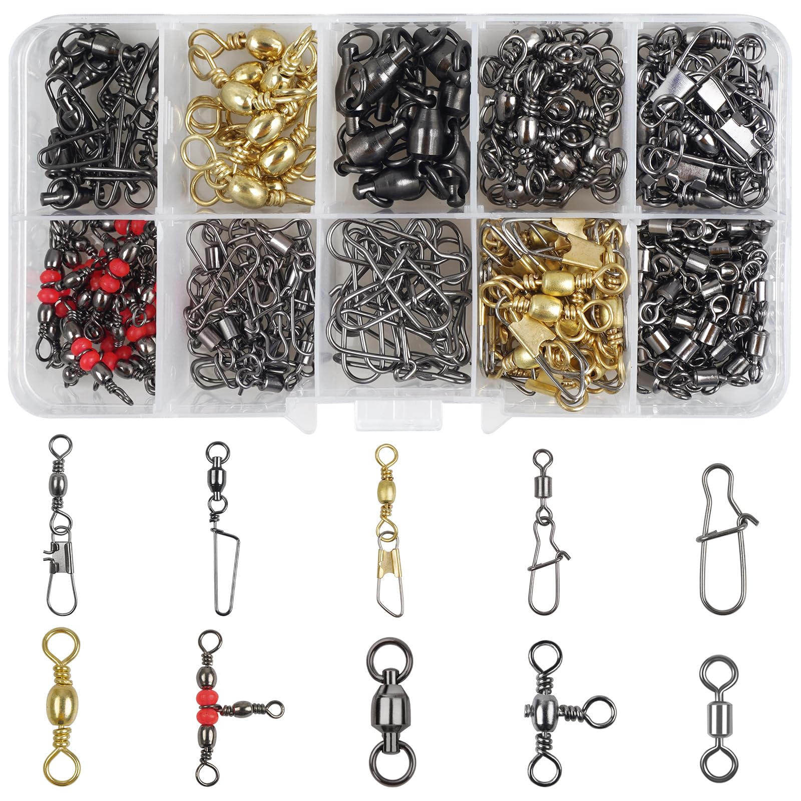 JSHANMEI Fishing Swivel Snaps Kit 175pcs Barrel Swivel Safety Snaps 3 Way Crossline Swivel Duo Lock Snaps Connector Clips Fishing Tackle Accessories for Saltwater Freshwater
