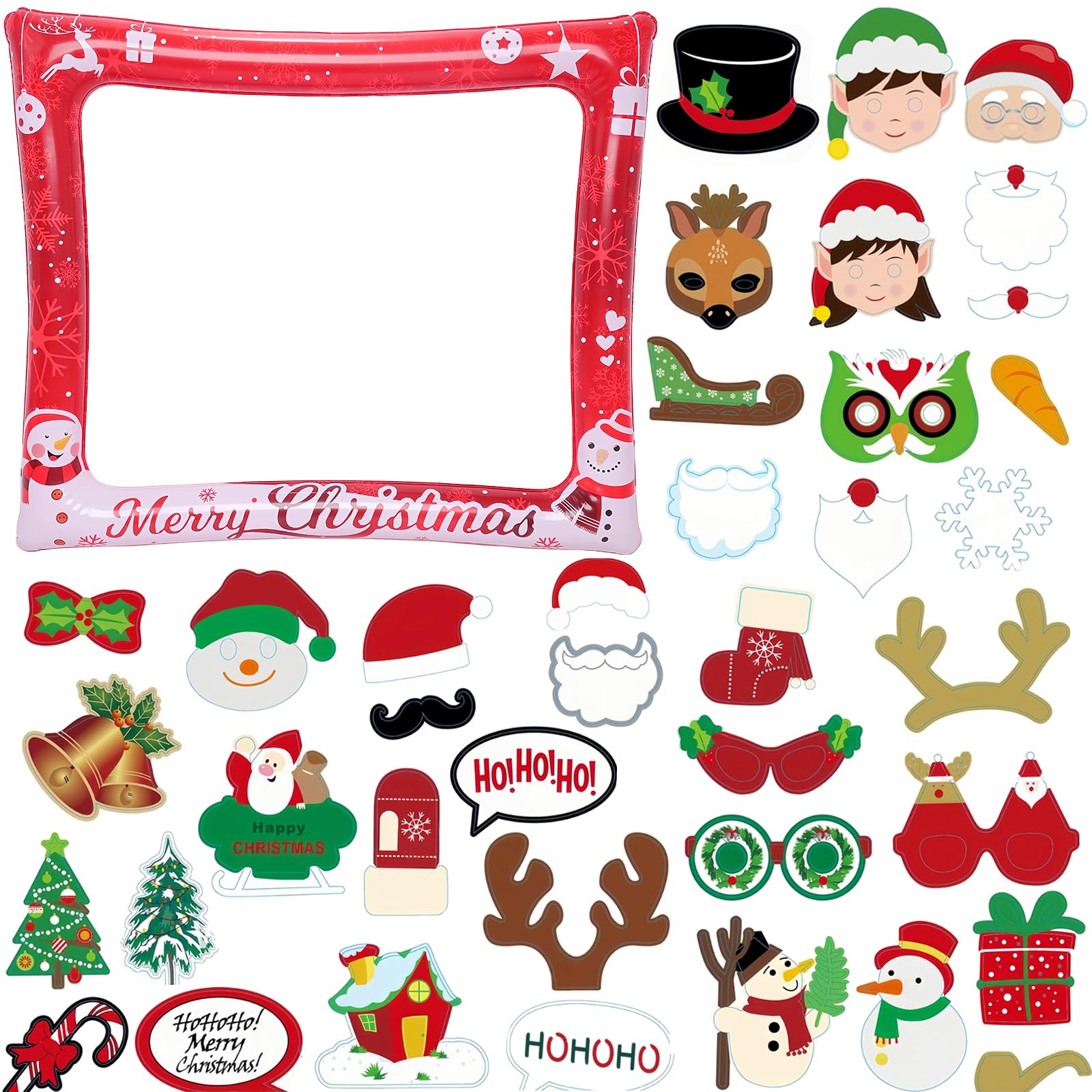 Red Christmas Inflatable Selfie Frame Inflatable Photo Booth Frame with 36Pcs Photo Booth Props,Xmas Inflatable Picture Frame Blow Up Party Prop Kit for Kids Adults Christmas Party Games Accessories