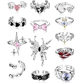 Drperfect 13 Pcs Y2k Rings for Women Vintage Irregular Adjustable Ring Set | Chunky Gothic Rings Goth Open Butterfly Pink Heart Cool Statement Accessories Ring Set