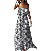 ZMPSIISA Women's Summer Off The Shoulder Maxi Dress Ruffle Strapless Blue White Porcelain Boho Casual Loose Long Dresses