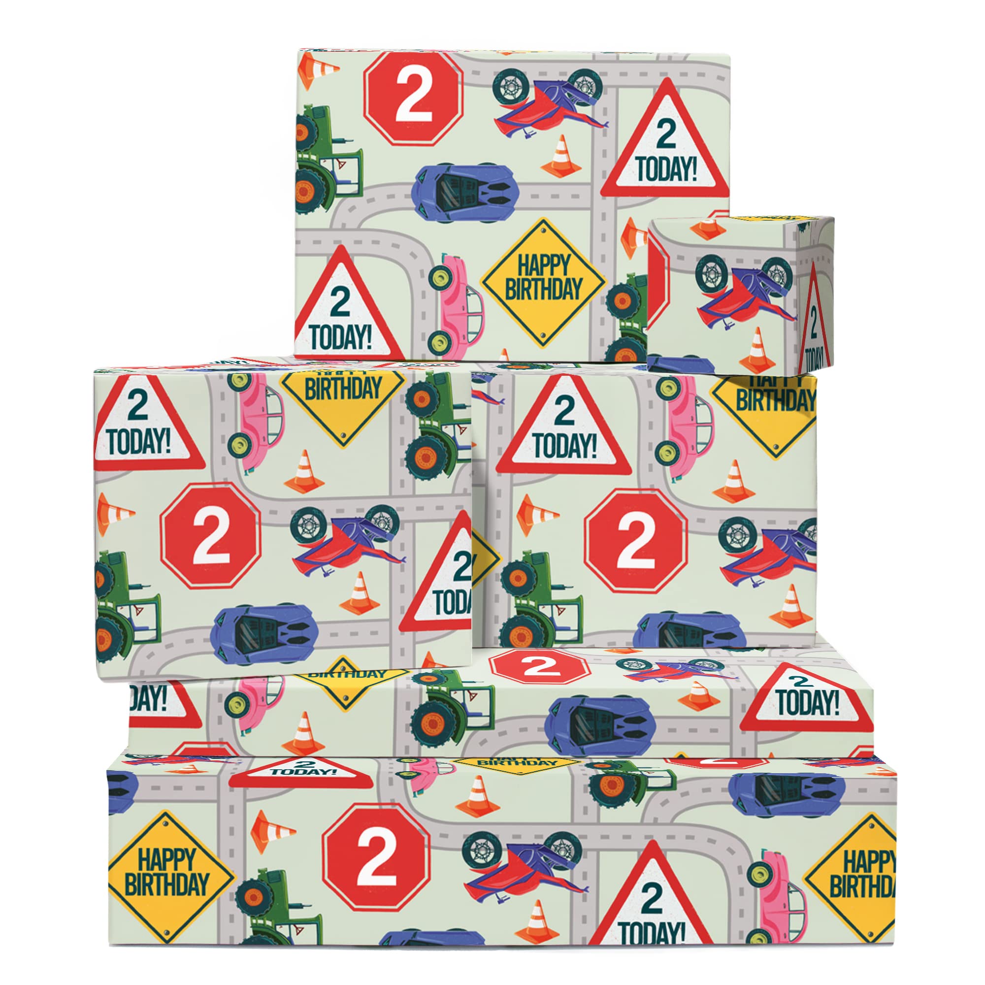 Kids Wrapping Paper - 6 Sheets of Gift Wrap with Tags - Age Two - 2nd Birthday - For Boys Son Grandson Toddler - Car Tractor Motorcycle - Cones Road Signs - By Central 23