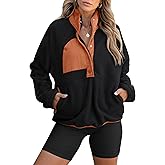ANRABESS Women Fuzzy Fleece Pullover Sherpa Sweatshirt Long Sleeve Button Down Warm Soft Color Block Jackets with Pockets