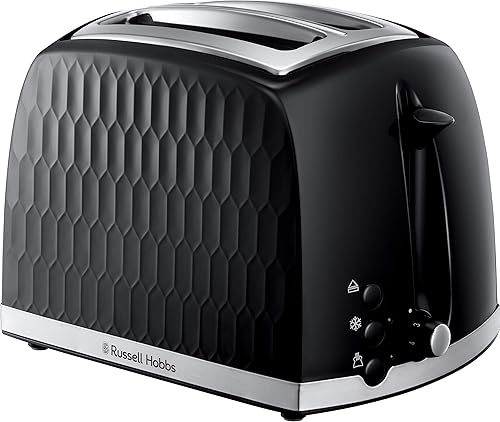 Russell Hobbs Honeycomb 2 Slice Toaster (Extra wide slots, High lift feature, 6 Browning levels, Frozen/Cancel/Reheat function, Removable crumb tray, 850W, Black, Textured high gloss) 26061