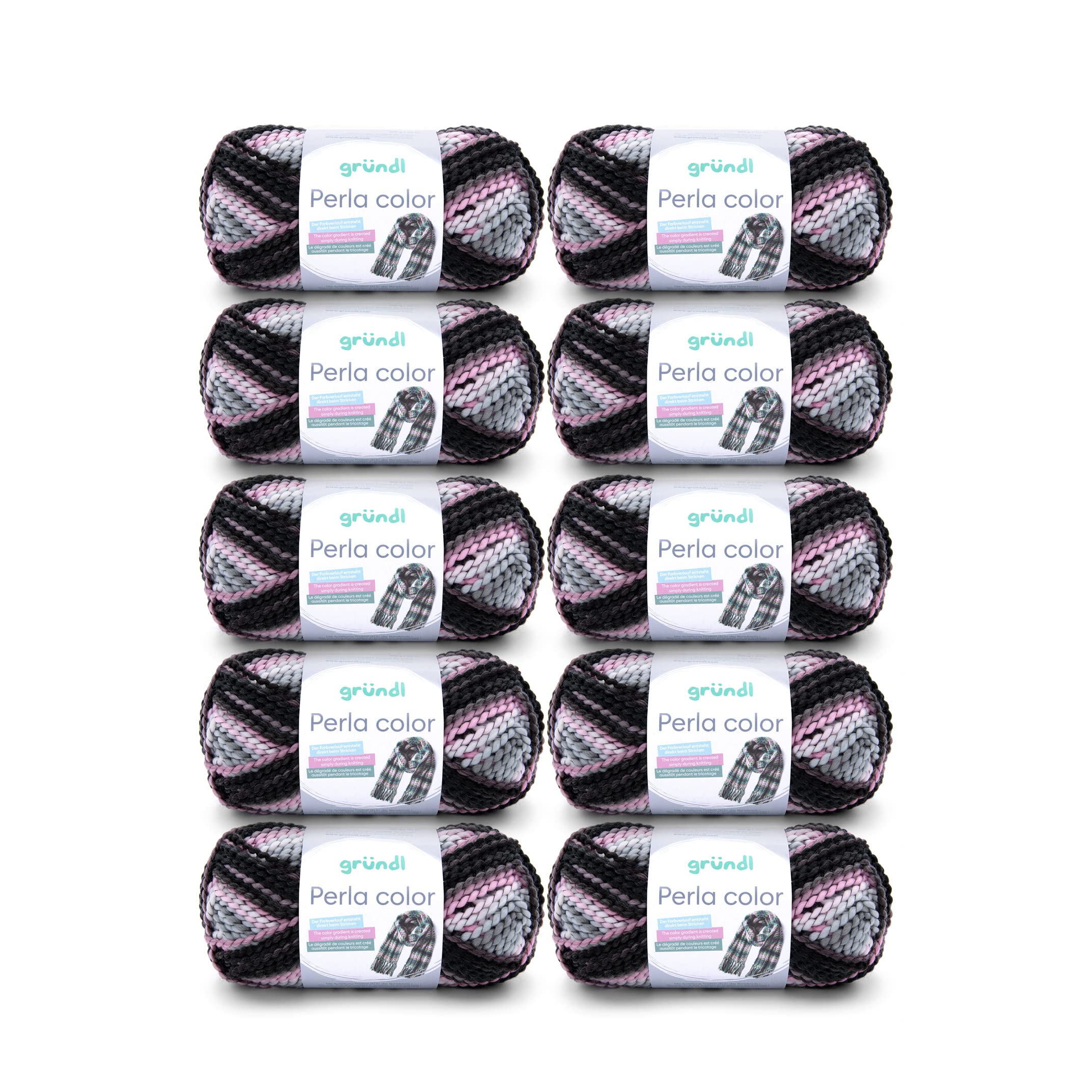 Gründl Perla Color Wool (Wool-Like Hand Knitting Yarn Made of 100% Polyester, 100 g / 90 m, Needle Size: 8-9, 10 x 100 g), Silver/Grey/Pink/Black-Brown