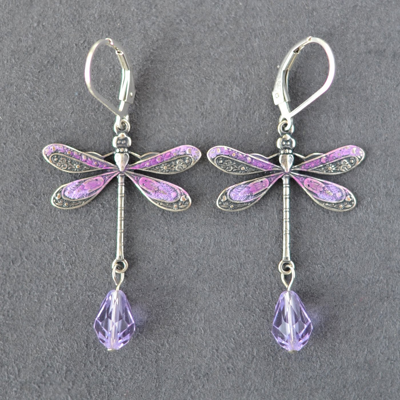 Violet Crystal Silver Dragonfly Earrings Handmade
