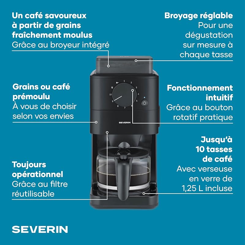 - Machine à café filtre avec broyeur intégré pour café en grains ou moulu + réglage de la mouture, Cafetière filtre avec carafe verre 10 tasses, cuillère, filtre permanent, noir, KA 9215