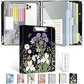 3 Ring Binder 1 Inch, Three Ring Binders Organizer with Clipboard, 5-Tabs Pockets Dividers, Plastic Folder, 18 Divider Stikers, BVSSX Pretty Binder with Pen Loop (Black Weeds, Letter Size)