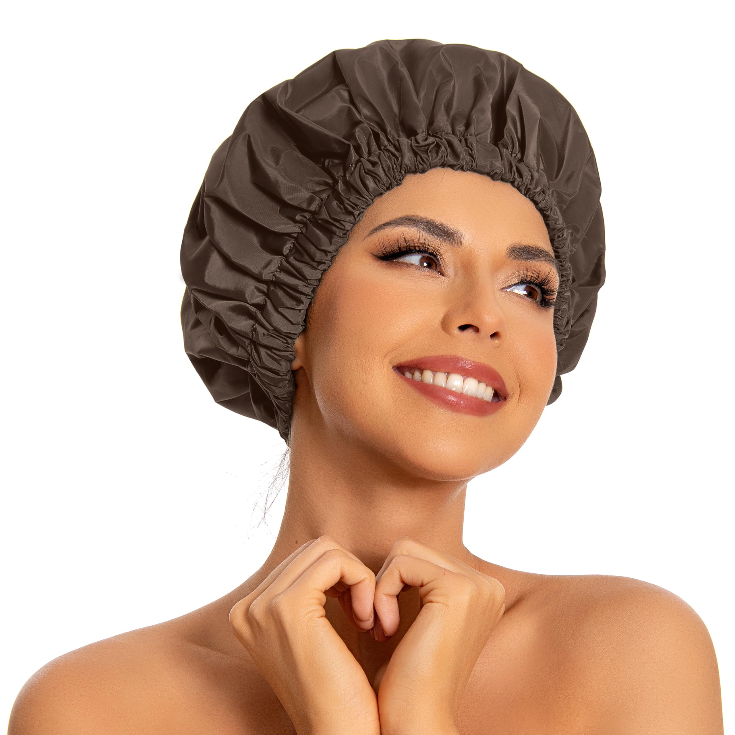 Photo 1 of Reusable Shower Cap for Women, Large Waterproof Shower Essentials Bonnet Washable Elastic Band Bath Hair Wrap Hat for Long Hair, Braids(Dark Coffee)