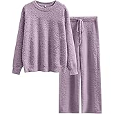 ANRABESS Women's Fuzzy Fleece Pajama Sets 2 Piece Outfits Long Sleeve Top Wide Leg Pants Lounge Matching Set 2025 Fall Winter
