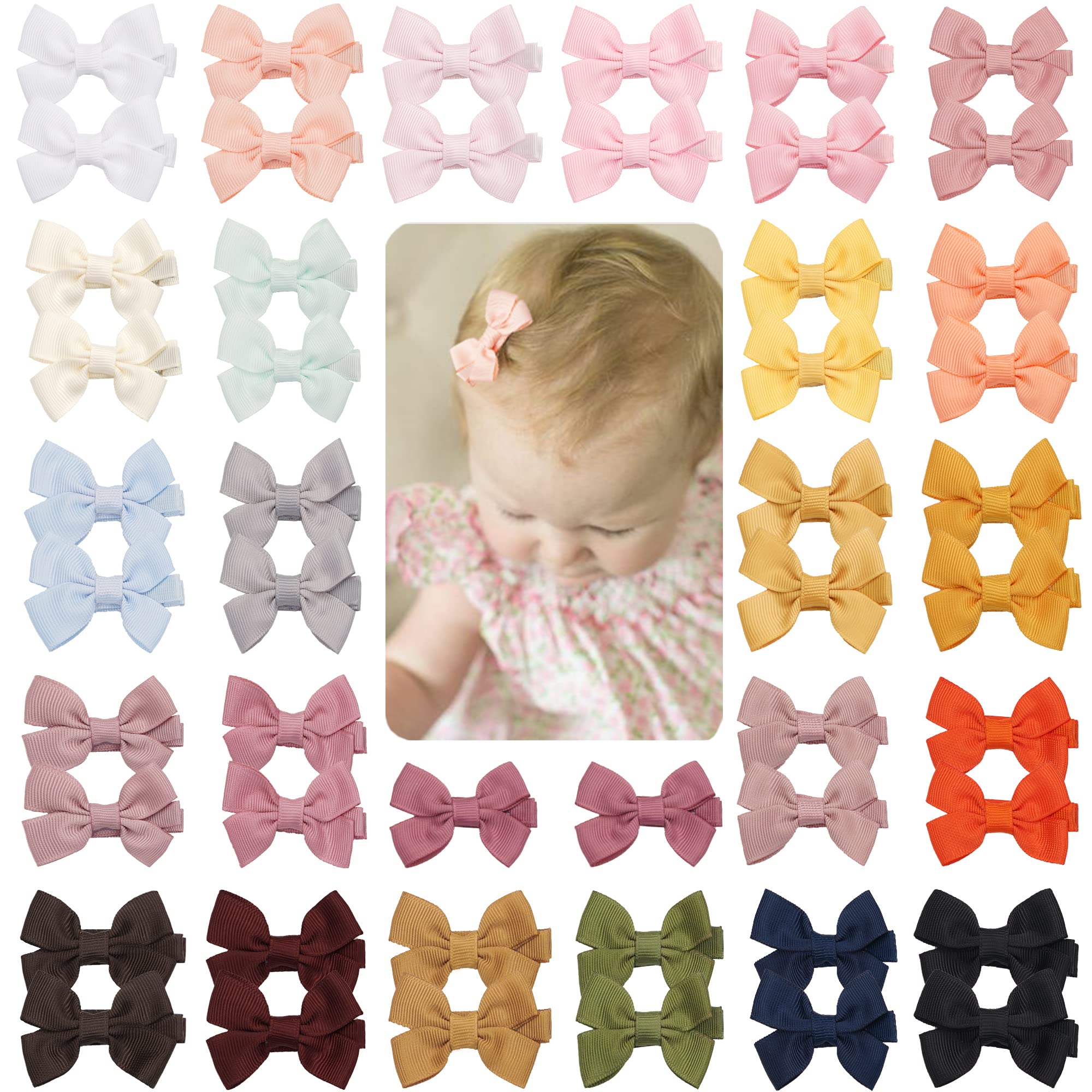 JOYOYO 50 Pcs Baby Hair Clips Small Size Bows 2 Inch for Baby Toddlers - Full Ribbon Covered Non-slip Safe Clips Pastel Colors