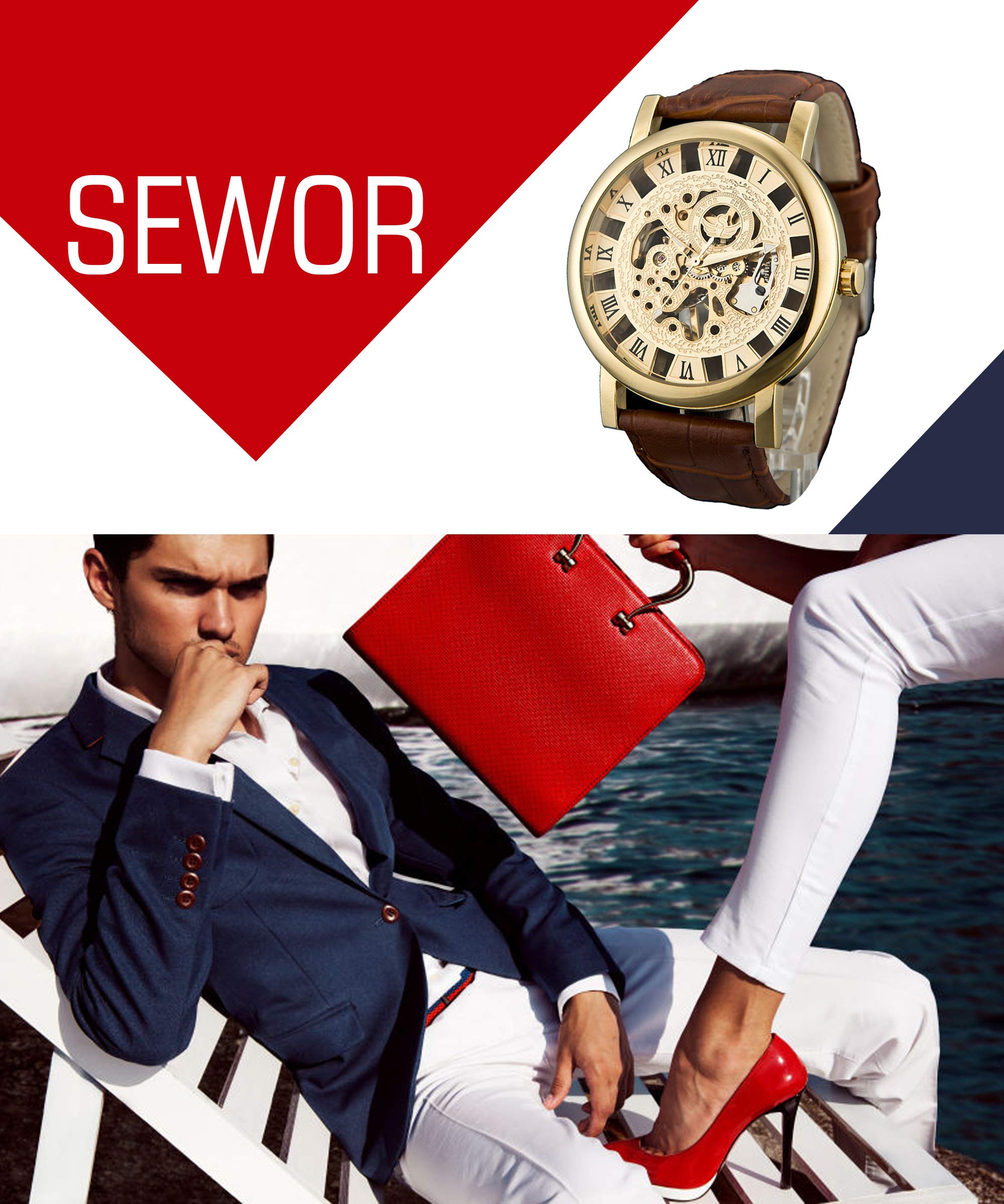 Sewor Men\'s Mechanical Roman Numeral Display Leather Wrist Watch Big Style 46mm (Gold)