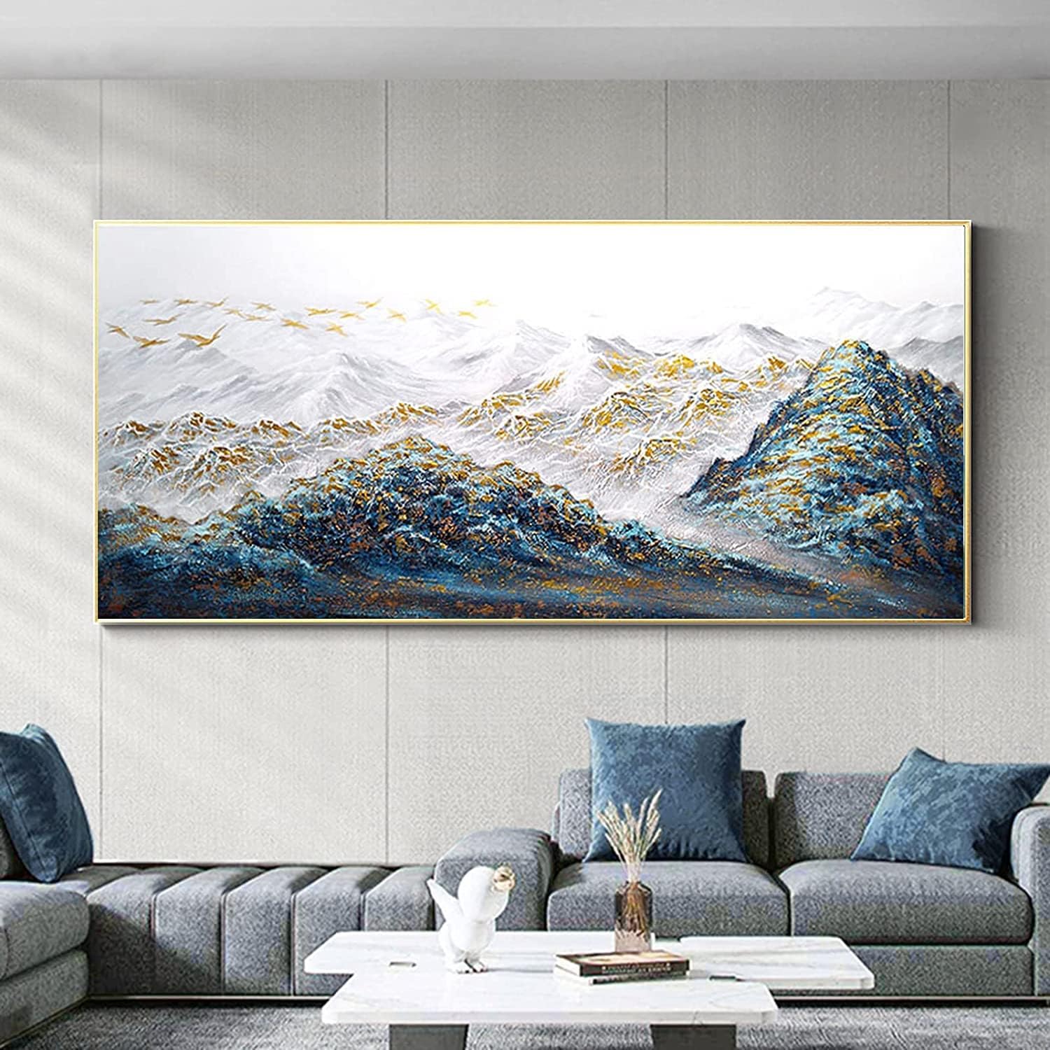 Paintings - Large Mountain Canvas Wall Art for Living Room-Framed Gold and Blue Landscape Oil Painting for Bedroom-Modern Forest Wall Decor for Office Kitchen Ready to Hang 28x56inches