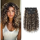 Flufymooz 4PC Clip in Hair Extensions, 14 Inch 100% Pure Protein Silk Short Hairpiece Deep Curly Wavy Hair Extensions Clip in Natural Soft Hairpiece for Women-Medium Brown Ash Blonde Highlight