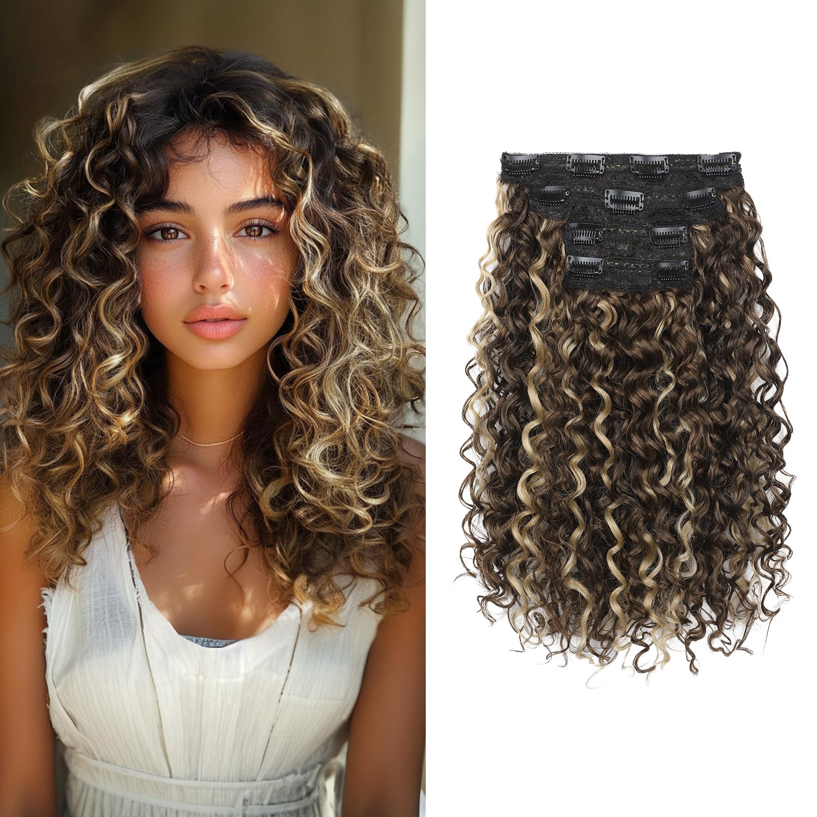 Photo 1 of Flufymooz 4PC Clip in Hair Extensions, 14 Inch 100? Pure Protein Silk Short Hairpiece Deep Curly Wavy Hair Extensions Clip in Natural Soft Hairpiece for Women-Medium Brown Ash Blonde Highlight