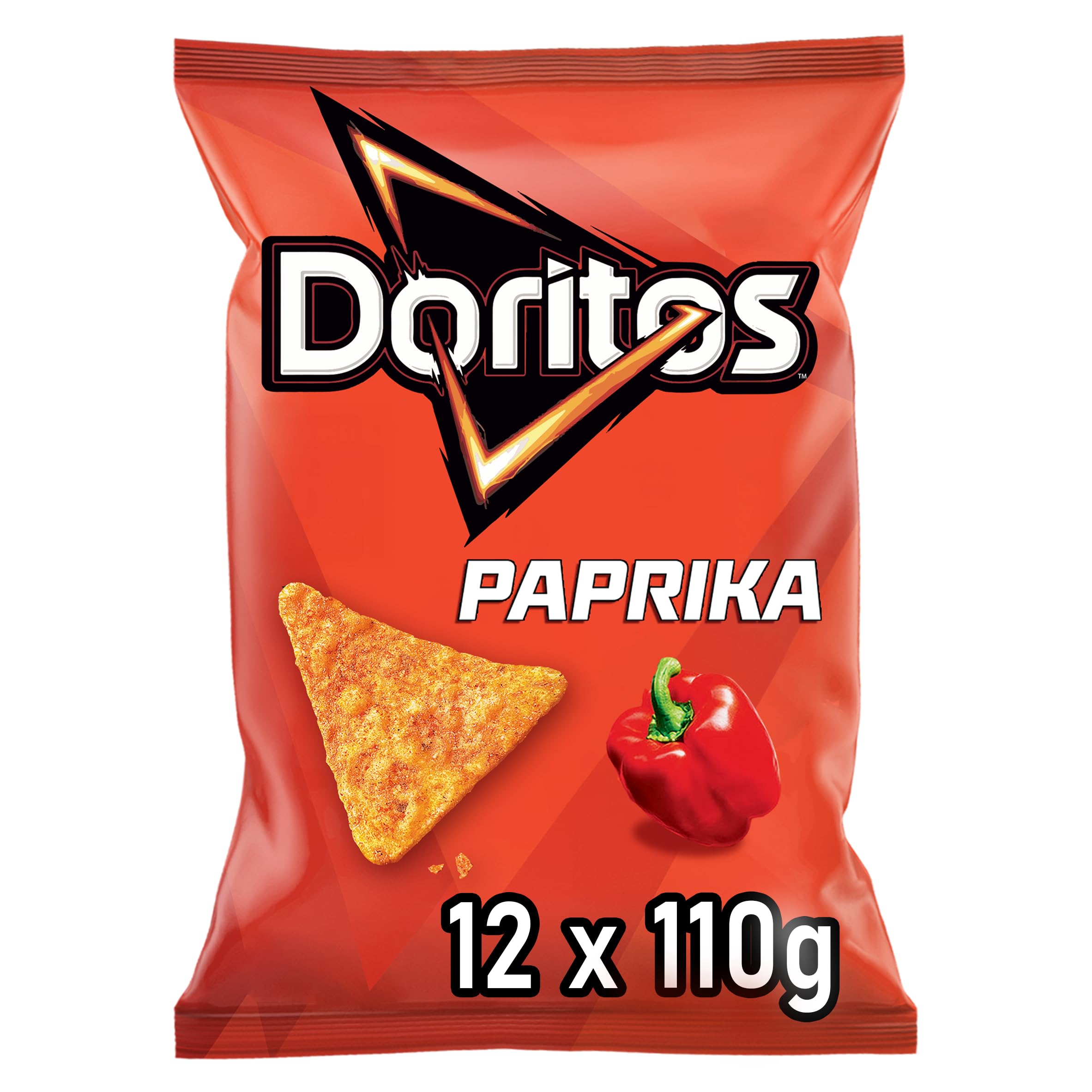 Doritos Paprika -Tortilla Nachos mit Paprika Geschmack - Herzhafter Snack zum Knabbern aus Mais (12 x 110g) (Verpackungsdesign kann abweichen)