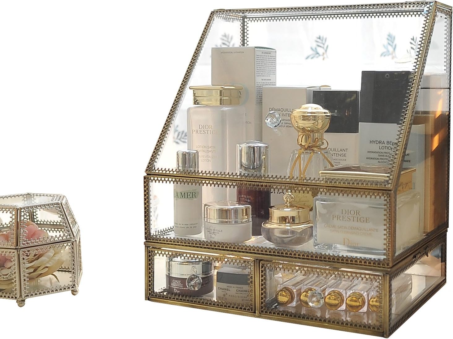 Antique Clear Glass&Brass Metal Jewelry and Cosmetic Storage Makeup Organizer Set 6 Drawer with 1 Large Spacious Trapezoid Display (Trapezoid+drawer)