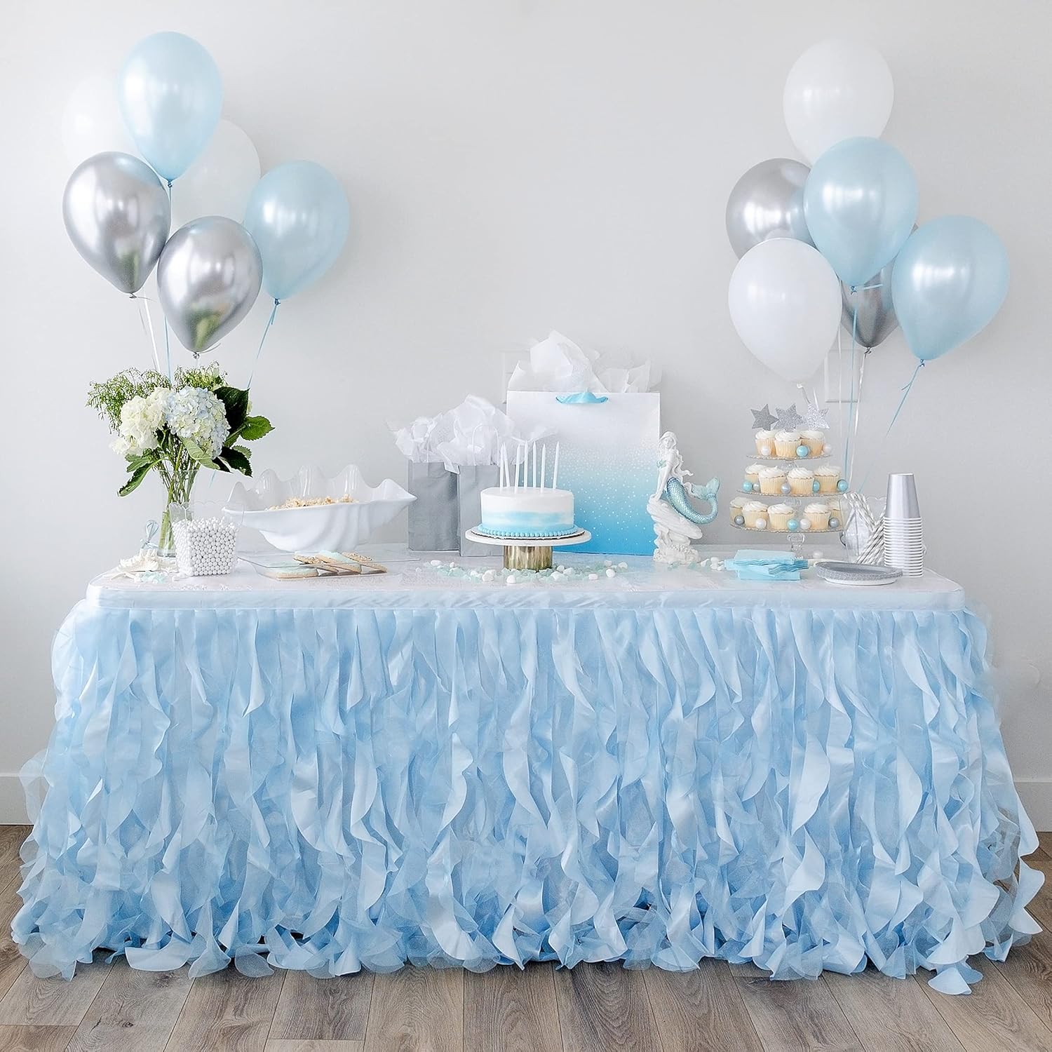 Bluekate Blue Tutu Table Skirt 9ft with Double Layer Organza Willows for Ocean Under the Sea Decorations, 1st Baby Boy Birthday Décor, Elephant Baby Shower Decor, Gender Reveal or Bridal Shower