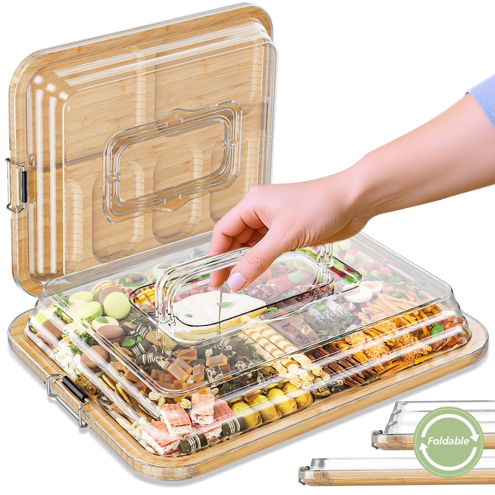 Photo 1 of ***ONLY BOARD, NO FOLDABLE LID*** Charcuterie Boards with Foldable Lid, Portable Bamboo Cheese Board with 6 Compartments, Clear Locking Lid and Handle, Easy to Store, Suitable for Picnics, Camping, Parties & Housewarming Gifts