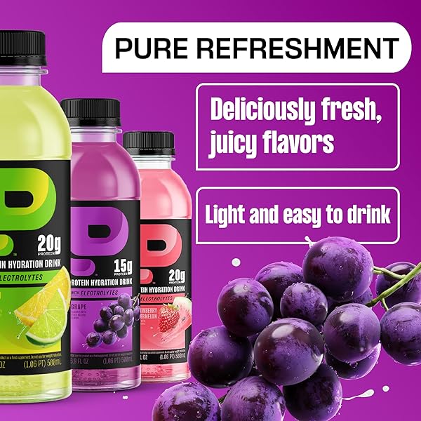 PROTEIN2O HYDRATION DRINK – 2-IN-1 LIQUID CLEAR WHEY PROTEIN ISOLATE AND ELECTROLYTE DRINK – 15G PROTEIN, VITAMINS B5, B6 – POST-WORKOUT RECOVERY – 16.9 FL OZ – 12 COUNT GRAPE