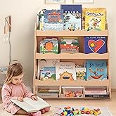 Himold Wooden Kids Bookshelf, Book Shelf for Kids Rooms w/Scalloped Edges, Durable Childrens Bookshelf with 3 Cube Bins for Books & Toys - Toddler Montessori Bookcase Nursery
