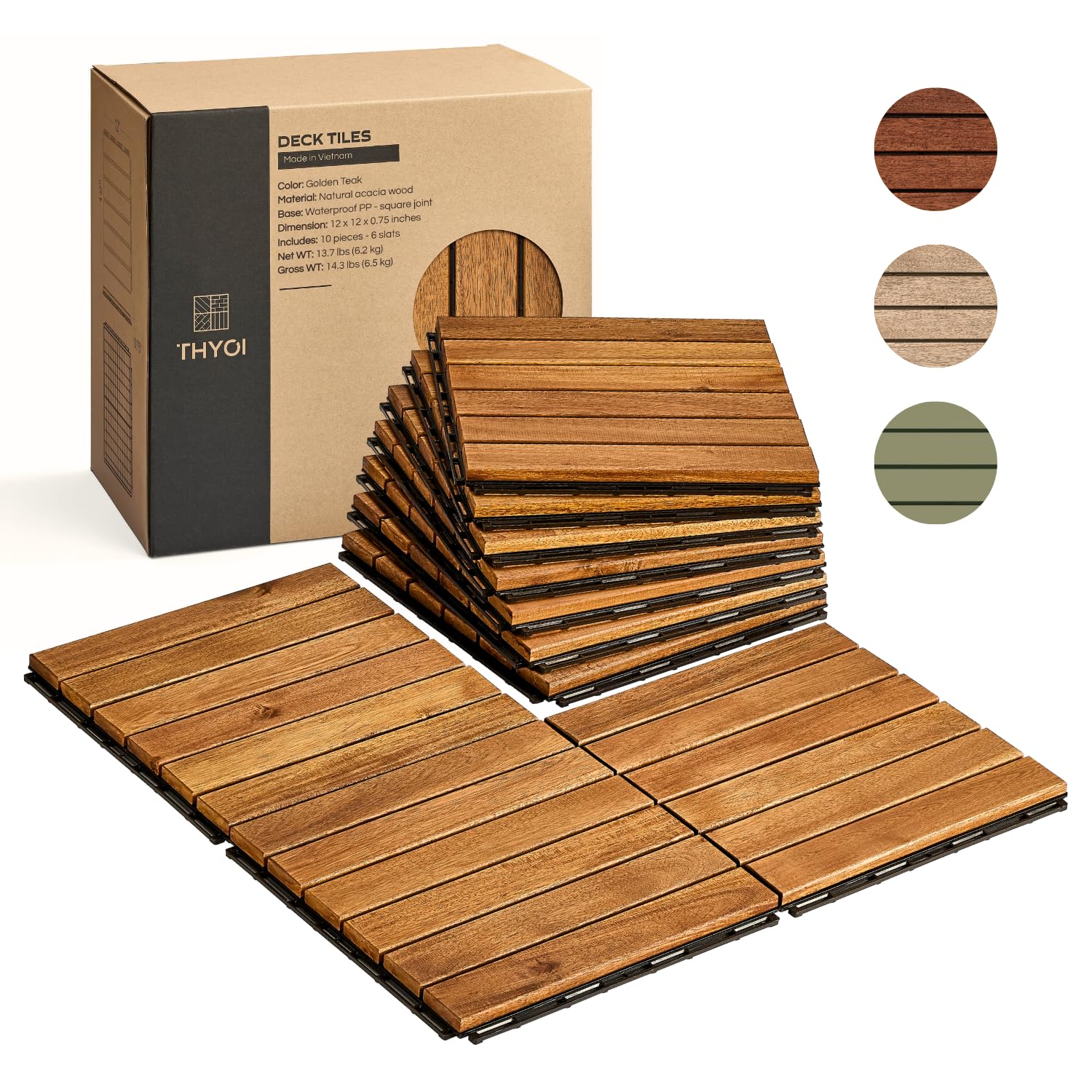 Photo 1 of THYOI Deck Tiles, Patio Flooring - Outdoor Waterproof Acacia Wood Tiles for All Weather Use - Balcony, Backyard, Indoor & Outdoor (Golden Teak Striped Pattern, 10 Pcs - 10 Square Ft)